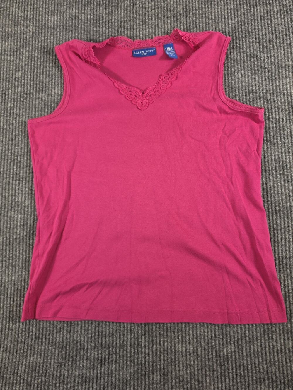 Karen Scott Women's Size Medium Fuchsia Lace Trim V-neck Sleeveless